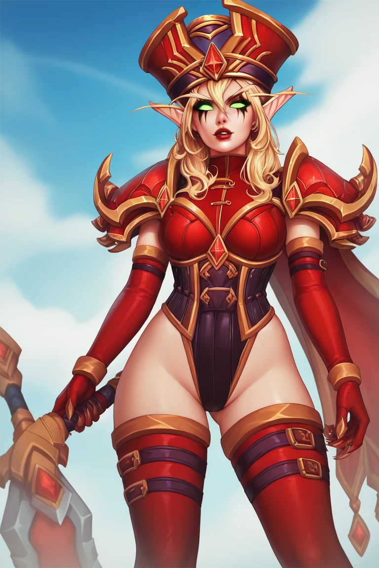 World of Warcraft Bloodelf fêmea, perfects eyes,perfect bisca, perfectbody, woman with big, voluptuous breasts and perfect, big butt, Big butts, biggest butt, perfectly slim waist, blondie hair, greeneyes, the woman wears elven armor and holds a longbow.