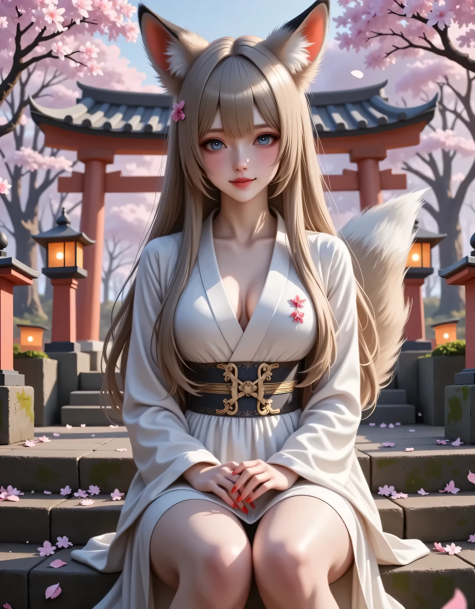 "High-detailed 8K Ultra HD digital illustration in anime style with 'Fox's Love Confession' theme, featuring classic comics and toxic pop-art elements. Depicts a 25-year-old kitsune girl, tall, slender, with large breasts, glossy light skin, blue eyes with slit pupils, orange freckles, long red nails. Long loose grey hair, fox ears, fluffy tail. Wears white miko outfit with sakura embroidery, slightly open neckline, barefoot, bell pendant. Sits on temple steps in a forest, surprised yet smiling. Background: Japanese shrine with red torii, mossy steps, falling sakura petals, lanterns glowing orange. Dense forest, soft fog, evening light. Scattered leaves, inari statues, faint golden glow. Romantic, magical atmosphere. Comic-style contours on petals and fog, graphic accents petal blur, dotted lines around eyes and letter, palette: red, white, orange, gold, green, high detail: hair, ears, tail, miko outfit, petals, temple."
