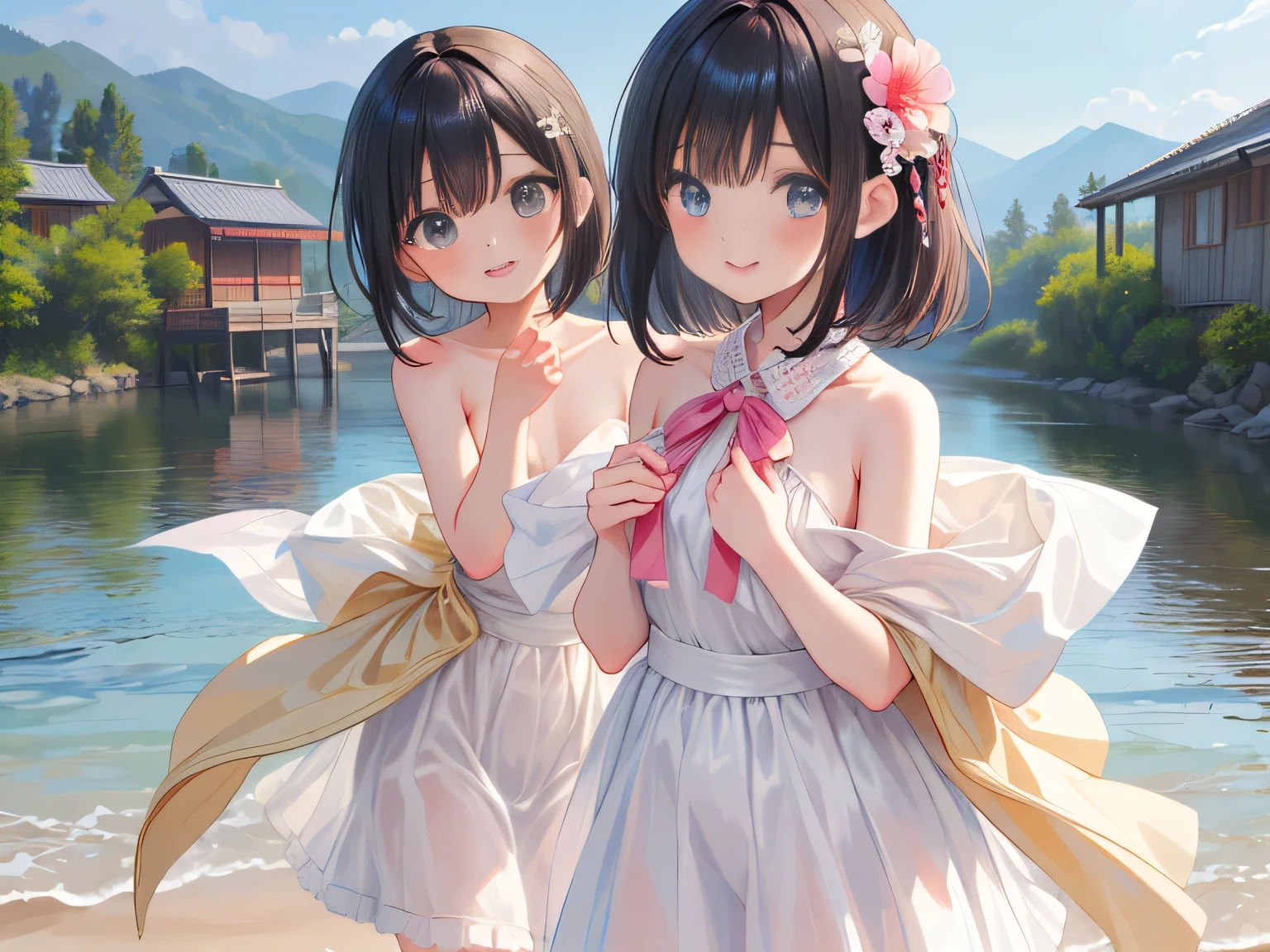 Very detailed, Highest quality, High resolution, Moe Anime, ((Four little girls in their underwear:1.2)), (Black Hair:1.4), (Baby Face), ((round face:1.4)), Cute eyes, Detailed eye depiction, Eyes sparkling, Dark eye color, View your audience, Pale skin, (Big eyes:1.4, Droopy eyes:1.4, Torogao:1.4), Focus on the face, In the park with cherry blossoms falling, ((The lower half is naked)), ((Lace bra)), ((Lace panties)), Bright Eyes, ((Nipples are visible through the fabric)), ((Petite)), ((Young)), ((nsfw:1.3)), (Flat Chest:1.5), ((Different braided hairstyles:1.4)), (A big smile:1.4), (Slightly below:1.4), ((Different bangs:1.2)), ((Embrace each other)), hair ornaments