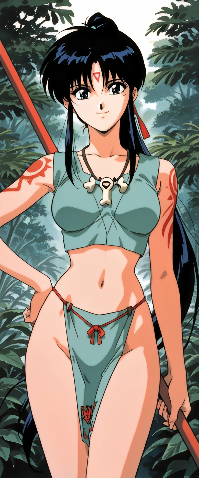 Anime girl, 21 years old, curvy body shapes, an amazon, jungle background, Sub, spear, Hair red, loincloth, sexy shaman clothes, respectful look,