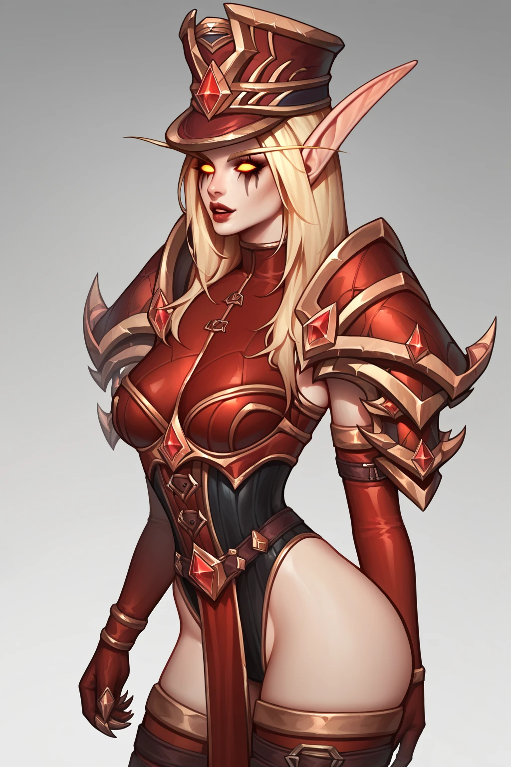 1girl, cowboy shot of beautiful ladyvaleera, hood on, red corset, red thong, exposed breasts, pink nipples, holding daggers, green dagger, weapon, looking at viewer, fantasy town outdoors, magic, volumetric lighting, best quality, masterpiece, realistic,