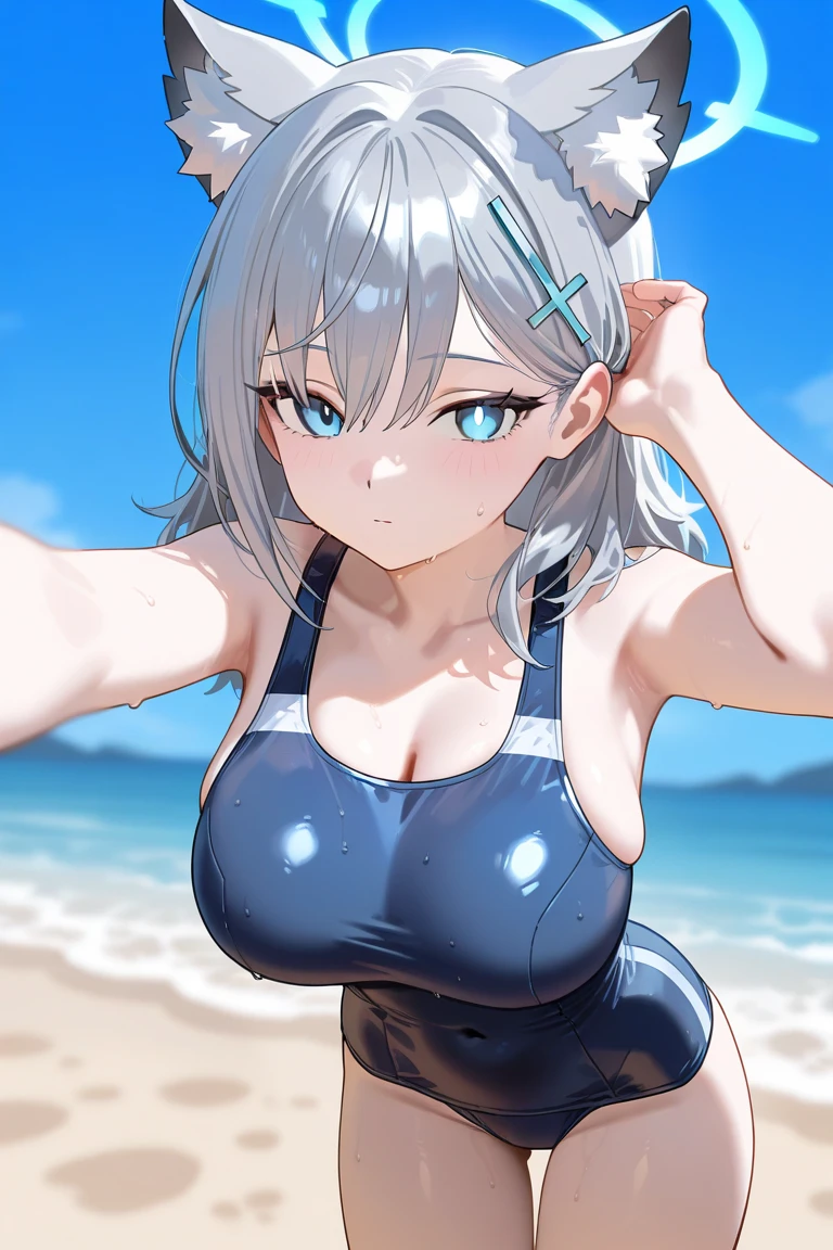 masterpiece, best quality, ultra-detailed, Potrait of beautiful , (chubby) (muscular), (plump), (sexly), (cleavage), ((tomboy)), (アニメ), (Breasts), (Plump), ((very short hair)), ((Uzaki Hana)), (overweight), (Gray Hair) (Ridiculous Swimsuit), ((Saggy breasts)), (blue eyes), (Short Hair), (blue eyes), ((thick)), (fullbody), (swimsuit), (Embarrassing), (blushing)