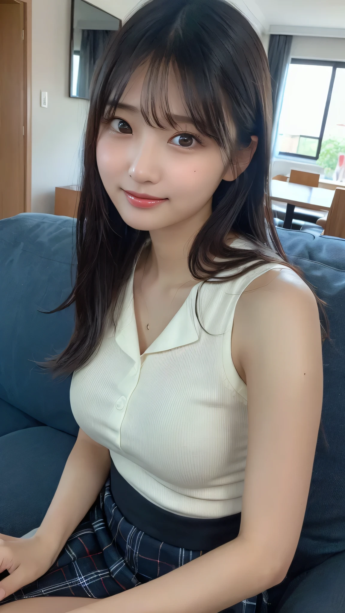 (8k, RAW photo, best quality, masterpiece:1.2), (realistic, photo-realistic:1.4), (extremely detailed 8k wallpaper), sharp focus, depth of field, blur background, bokeh,Do not split,in the office,20-year-old woman,ponytail,Beautiful breasts,White shirt,(black mini skirt: 1.5),(Looking at viewer,((super fine face)), Standing posture,The whole body was photographed,smile,full body