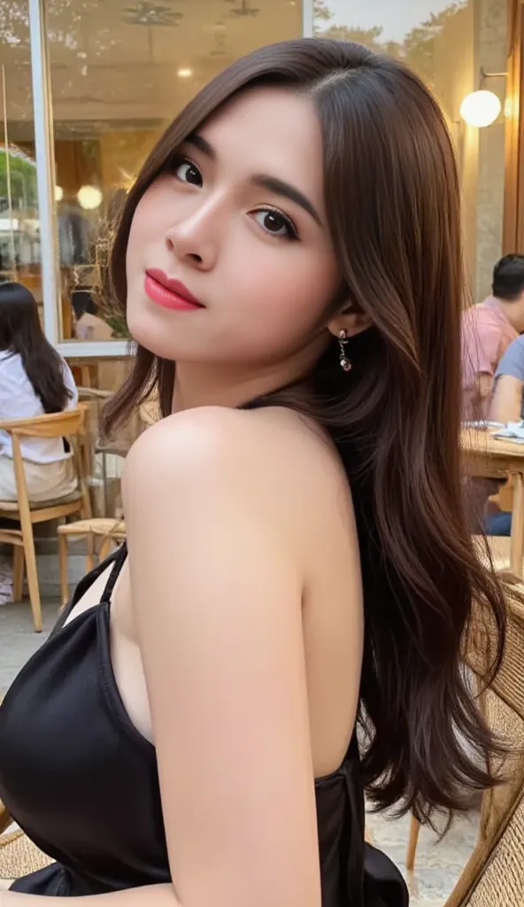(best quality,8k,highres,masterpiece:1.2), realistic, photorealistic:1.37, UHD, studio lighting, sharp focus, extreme detail description, professional, vivid colors, bokeh, portraits, extremely detailed face texture, beautiful detailed eyes, beautiful detailed lips, extremely detailed hair, dark colored hair, youthful appearance, big round breast, cleavage, proportional eyes, seducing smile, clean and natural face, no makeup, bare face, indonesian face,