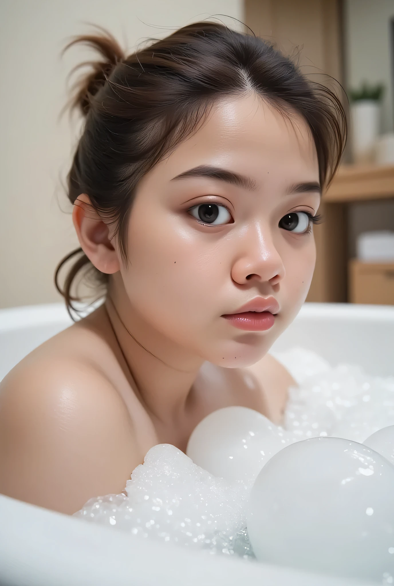 The facial reaction is very gloomy and sad, CREATE ANIME CARTOON 3D PHOTO, "A highly realistic, ultra-detailed portrait of a woman relaxing in a bubble bath, captured in the best settings of a SONY A7R with a fast prime lens (f/1.8). The scene features a minimalist bathroom with soft, natural lighting, emphasizing the subject's smooth skin, delicate facial features, and the dynamic texture of the foam. Hyper-detailed textures, cinematic lighting, and a sharp focus create an immersive depth. 32K resolution, photorealistic rendering, skin pores and water droplets visible, ultra-sharp image, professional photography style." Wajah KELIHATAN muram Dan sedih, chubby cheeks, shorthair Bald head.
