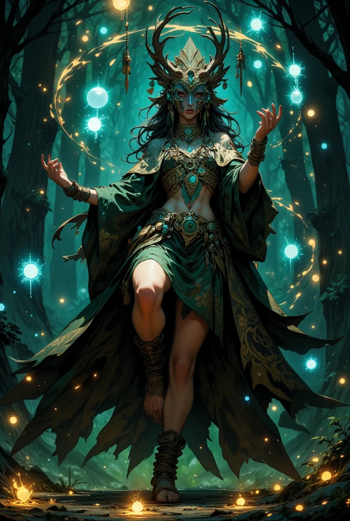 ((best quality)), ((masterpiece)), (detailed), (Mystical forest:1.4), ((Enchanted grove with towering ancient trees)and(Glowing mushrooms carpet the forest floor) and (Trickling streams weave through the foliage)), ethereal, mesmerizing and captivating, moonlit night background, softly illuminated fireflies dancing in the air, (dense foliage with hanging vines:1.3)
Fantasy, magic /= (Mysterious creature lurking in the shadows:1.5), (solitary), (Wide angle lens), (front), glowing eyes, (partial body), (claws extended), (shrouded in darkness), the creature facing camera, Eerie Aura