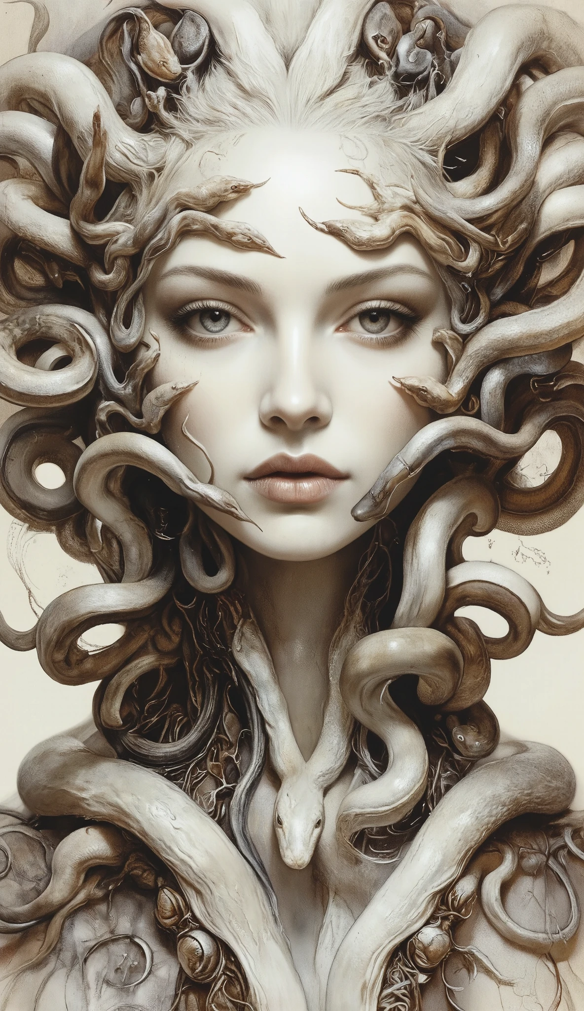 cyberpunk beauty ,Perfect Fusion of Sci-Fi and Gothic Throughout the Body,Wayne Reynolds Paintings , create:Jeanne Saville , Her White Skin Like Porcelain,Hair Becomes Countless Living Snakes,A Symbol of Existence Where Beauty Turns into Fear,It is also interpreted as a symbol of anger against violence,Legendary Beauties,Medusa,Countless Serpent Hair
