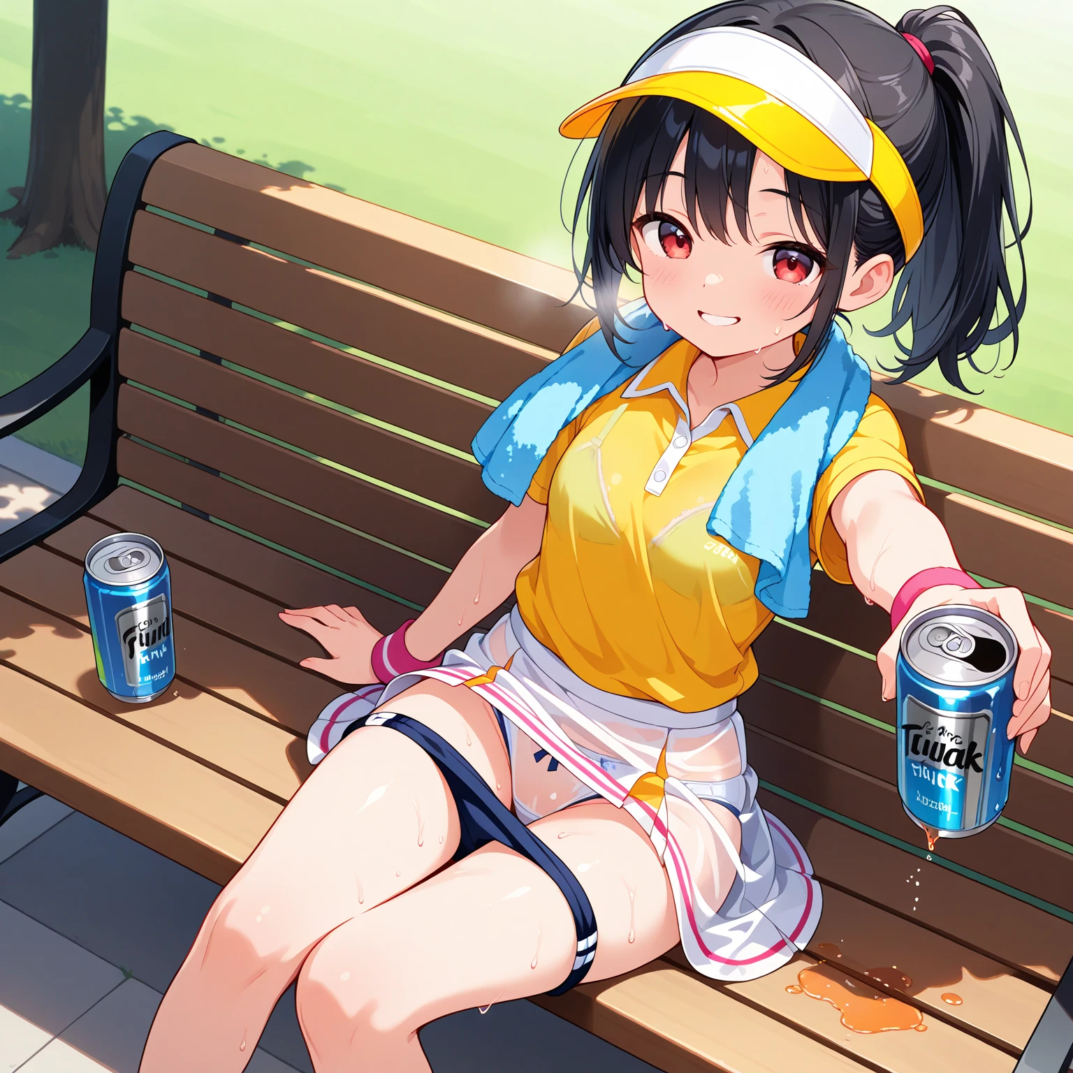 beautiful white slim girl, dark hair, bottomless, bare legs, barefoot, pee, peeing,white t-shirt with a lemon, lemonade stand, lemonade, massive pee puddle, lemonade glass, happy, smiling, masterpiece, very detailed, detailed skin, pussy, clitoris, full body, collecting pee, standing straight