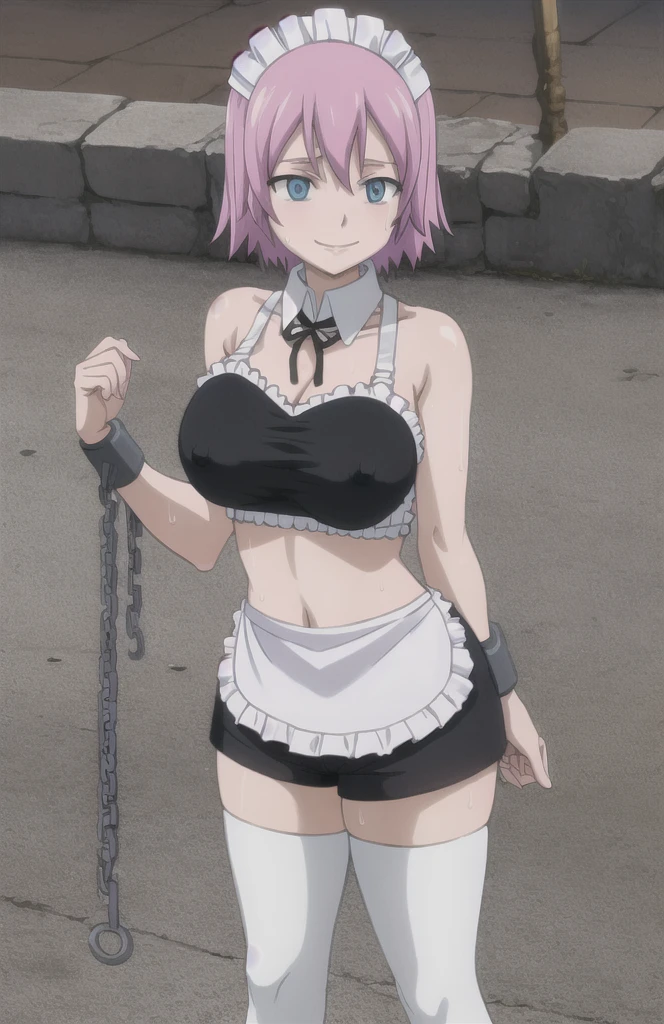 masterpiece, absurdres, (intricate details), (colorful),cinematic lighting,bust shot,extremely detailed CG unity 8k wallpaper, looking at viewer,   virgoft, maid, maid headdress, maid bikini, cuffs, blue theme, blue background, cloudy sky, sunlight, orgasmic, bikini swimsuit, large breasts, cleavage, belly button exposed, collarbone, thighs, sea and beach,
