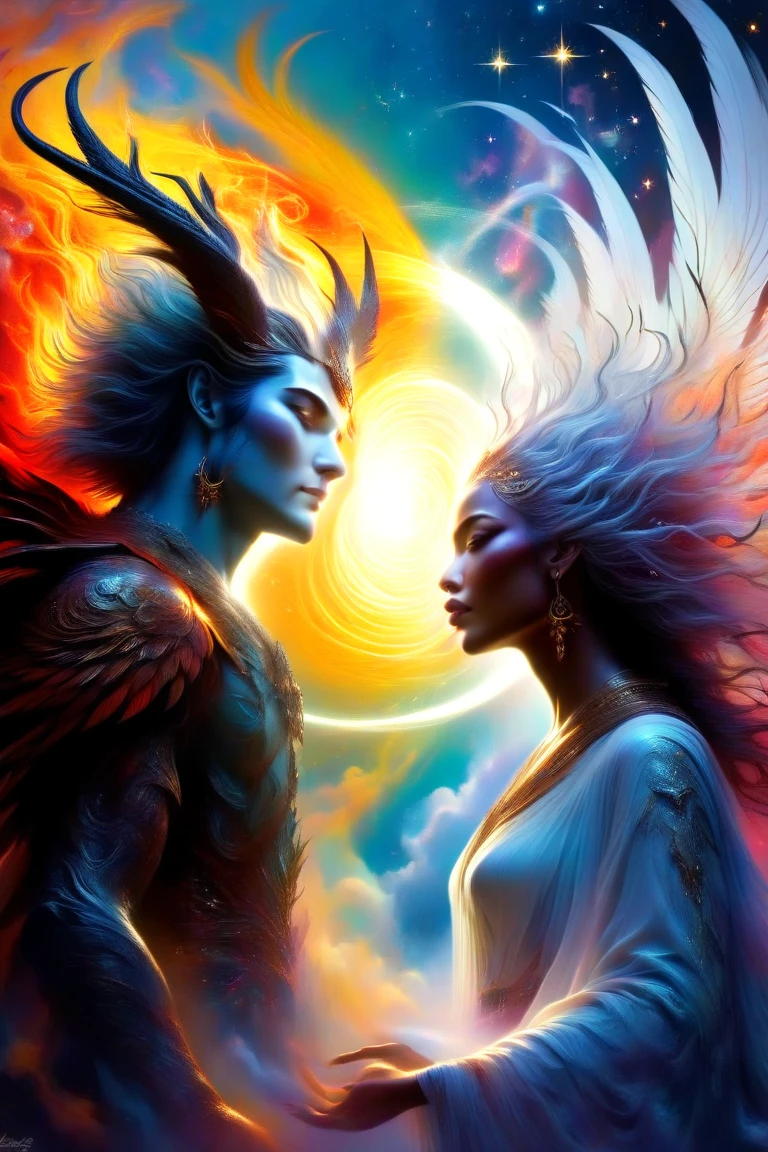 Blue two angels in the sky with a heart in their hands, some cosmic angels, beautiful gemini good and evil, twin souls, in the astral plane ) ) ), symmetrical epic fantasy art, infinite angelic wings, spiritual imagination of duality, ethereal aurora spirits, dan mumford and alex grey style, fractal thunder dan mumford, beautiful gemini twins alchemy, thunder God fantastic, detailed, wide, wallpaper 4k, wallpaper 4, realistic, Zen, dharmachakra, yin yang in middle love, tidak cacat, sangat detail