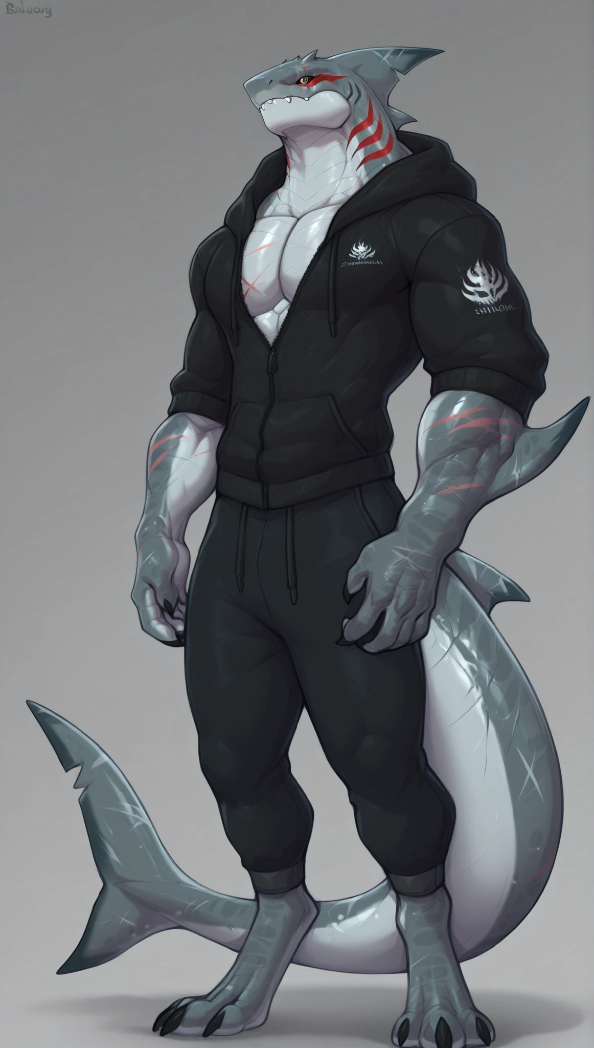 sharkman, anthro megalodon, darker hands and fins, solo, big arms, bara, detailed skin, lizard shark hybrid, anthro, closed mouth, polynesian tattoos, tattoos covering arm and shoulder, detailed scalie skin, scalie arms, fins on arms, gray color body, beefy, thick scales on arms, digitigrade legs, proporcional body, modern pants, futuristic dark hoodie that is open at the front, wide chest, scars, marked jaw, 4 toes, thick shark tail, design incorporates elements from various shark species, one dorsal fin, muscular build, best quality, realistic, ultra-detailed, by laobai, by honovy, by Riolutiny, detailed illustration of 4K horror, side view