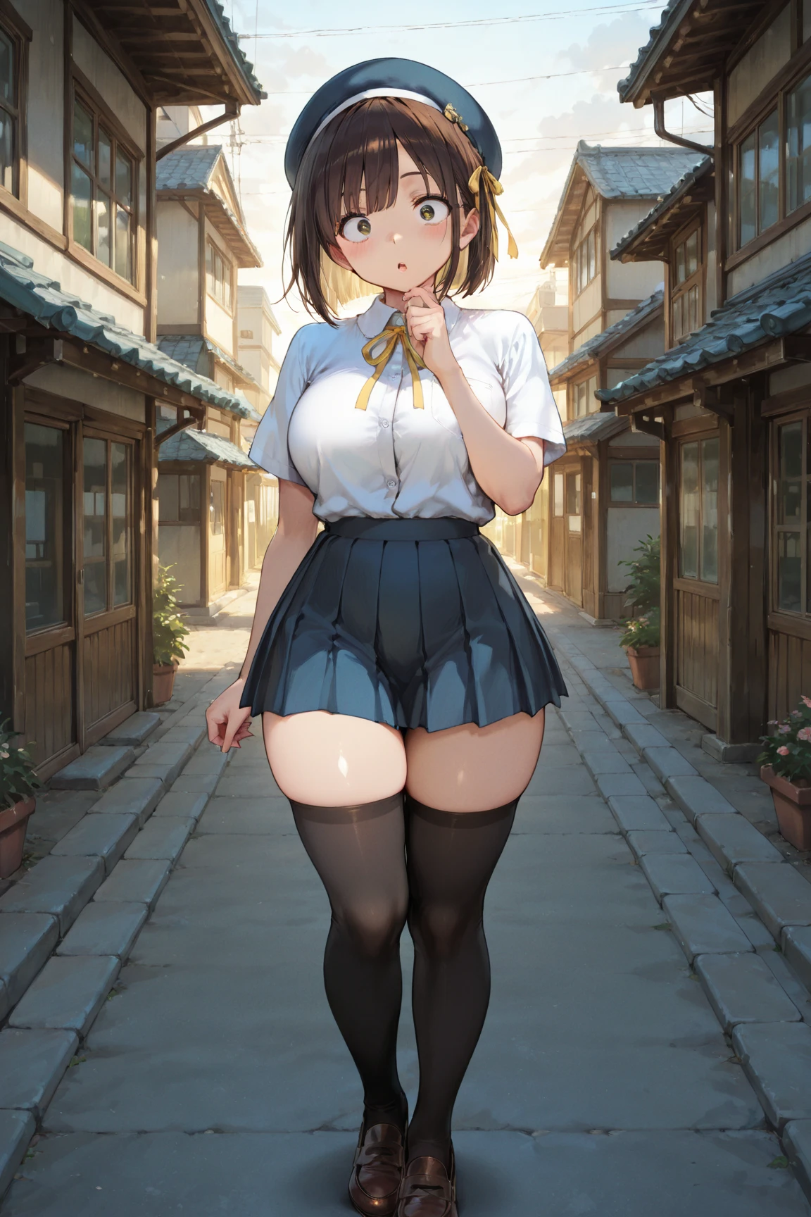 (highest quality), Super detailed), (Ultra High Resolution 8K), High-definition facial beauty, ((Skirt Lift)), take off your clothes, (((Blushing, Embarrassing))), girl, (Big Breasts), Knitwear, Slit Skirt, Showing panties, Very hot day, Shade, ((Walk and seduce))
