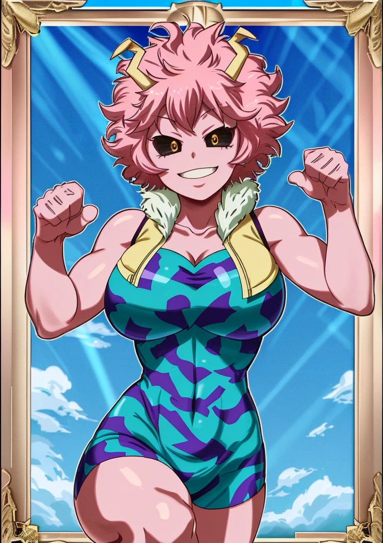mina ashido with big chest and big muscles, muscular! white, ++++ super veiny hands, sfw version, super buff and cool, most strongest pose, mewtwo, muscular!! sci-fi, muscular detailed veiny muscles, strong and imposing, thicc, powerful and huge, large muscles, pink skin, black sclera, yellow pupils, magenta fluffy hair, yellow atenna, purple bikini, small breasts