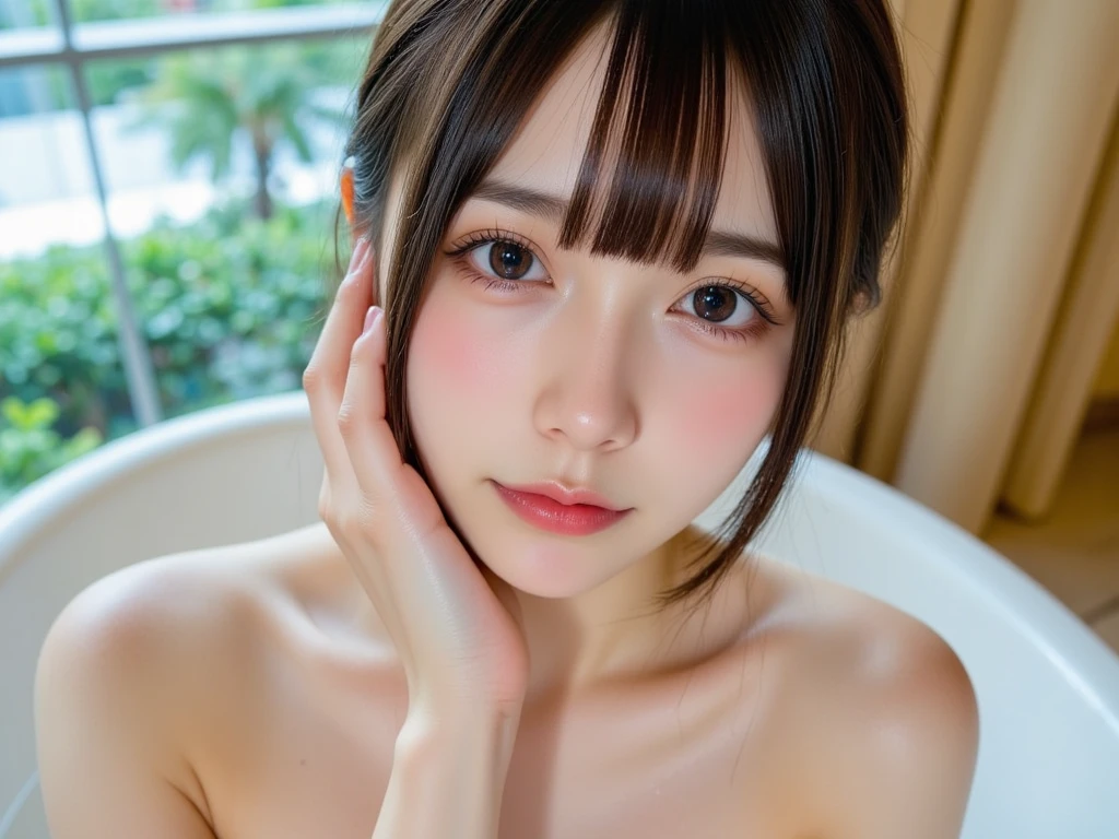 During the bath、Embarrassed expression asking for 、She looks at me with a look that says she wants to be held.、Small bust size、Beautiful, sculpted figure、Moistened skin with lotion、highest quality, Super detailed, cute, Childish expression, Lovely, , device, Very detailed, 4K, 8k, highest quality, 超highest quality, beautiful, Genuineistic, Genuine, Looking up from below, Morning, , beautiful light brown hair, beautiful eyes, short hair, Earrings, Light Smile, blush, Lens flare, Cowboy Shot、Completely 、Watching the audience、looking at the camera、Hairy pubic hair、Pubic hair is coarse、Sweaty、Temptation Pose、Tears and confusion、Front standing pose、Beautiful 、Soft and smooth skin、