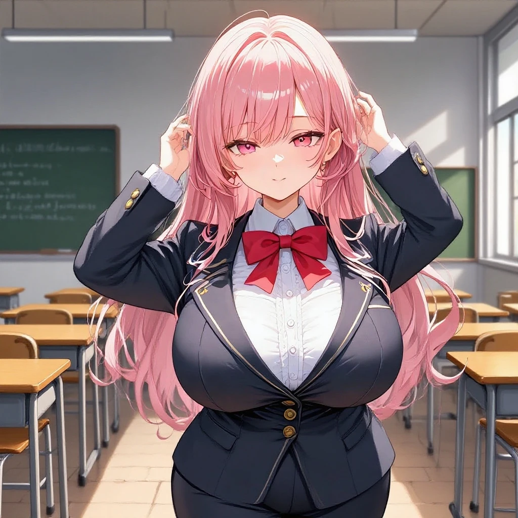 Best Quality,Detailed and cute eyes,Very cute face,(Solo Girl),(gigantic breasts),(Pink hair),(low twintails:1.4),Scrunchie,Big light blue eyes,Very happy smile,Open your mouth wide,View Viewer,BREAK,(Office Lady Costume,officeレディベスト,Wear a vest over a long-sleeved white collared shirt,Vest with buttons, tight black pencil skirt,Black Pantyhose:1.5),office,Cowboy Shot,(Dynamic Pose),
