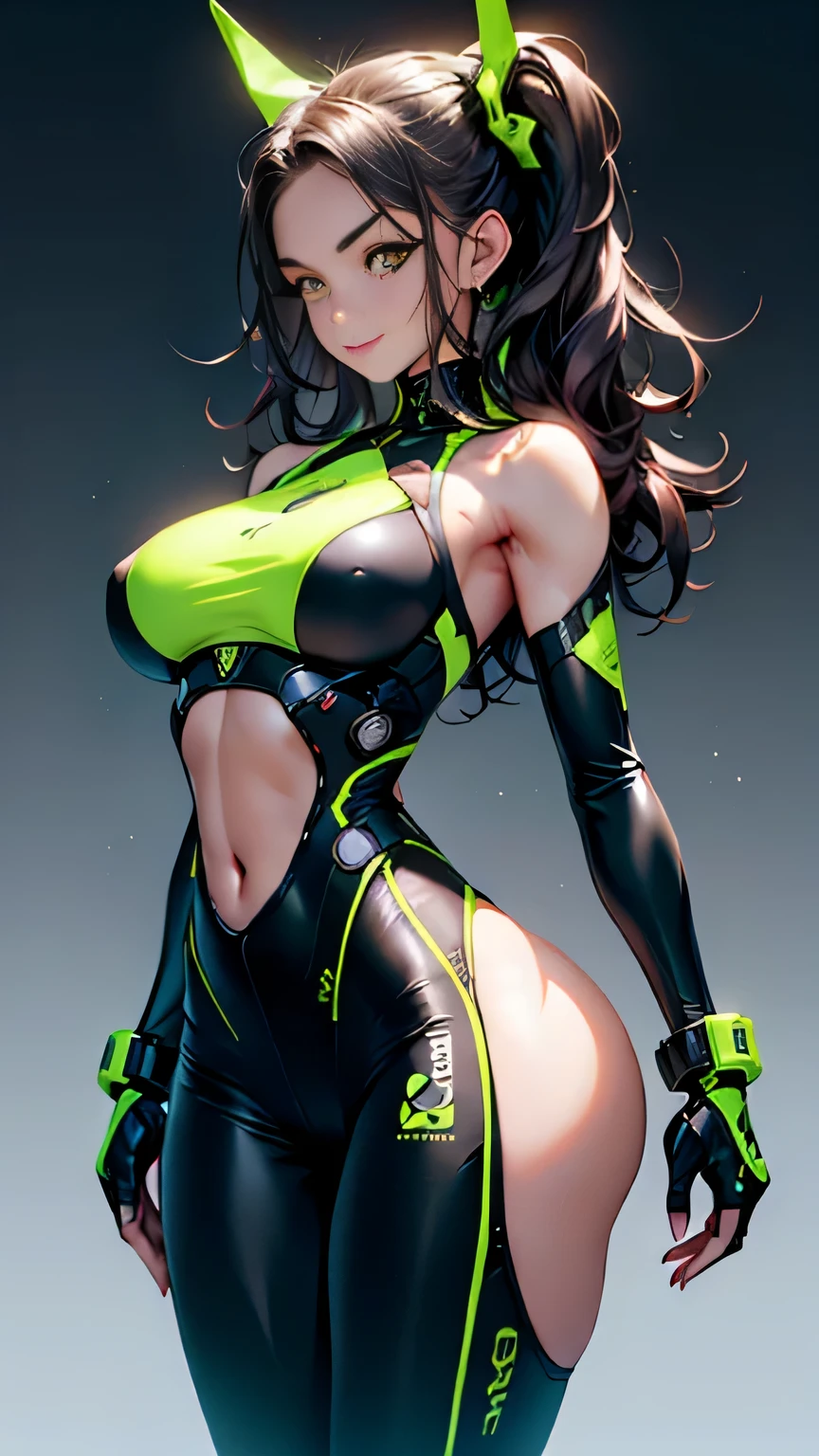 arafed woman in a green and black outfit with a glowing light on her butt, as overwatch character, lovely brigitte from overwatch, cutesexyrobutts, from overwatch, as an overwatch character, thicc, artstation masterpiece, overwatch inspired, brigitte from overwatch, thick smooth warframe thighs, wlop and krenz cushart, sexy look, big breast, sexy pose, show breast, show bar, touch breast, light black hair