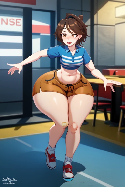 score_9,score_8_up,score_7_up, source_anime, asanagi, 1boy, ((femboy)), astolfo, fate, bimbo lips, bimbo, huge thighs, solo, stomach, crop top, cropped jacket, smacking lips, purple eyes, looking at viewer, high heels, bimbofied, denim shorts, indoors, arms behind back, ikuchan, ikarou, strip club, bulge