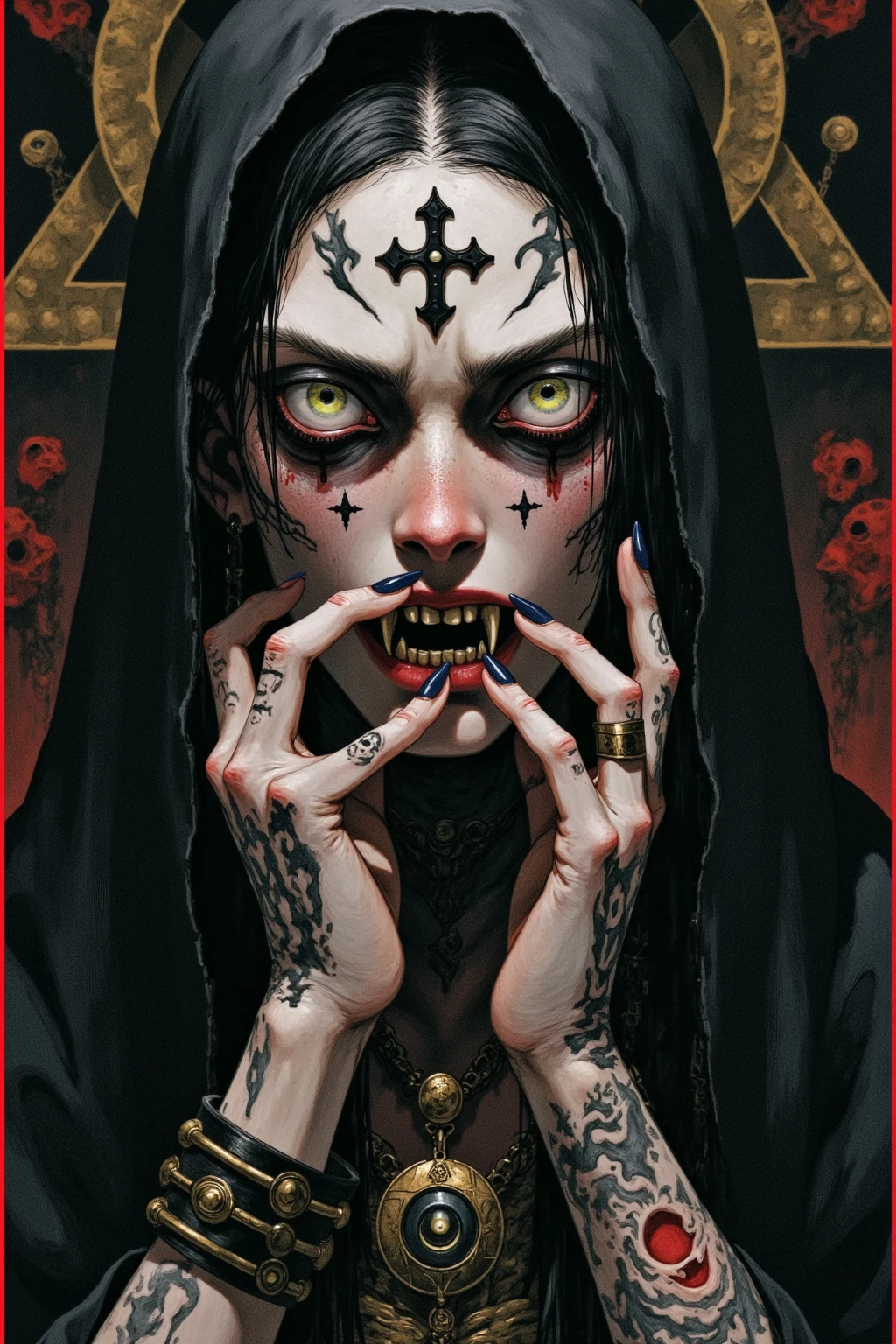 demon woman wearing a christmas sweater, upper body, art by gerald brom