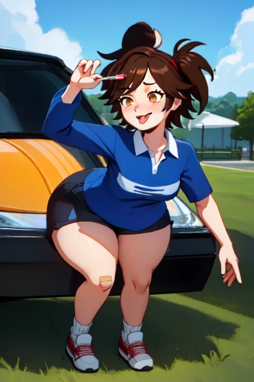 flag, shiny vagina, big breasts, blue penis, boy dressed in short skirt, ficking on the car, semen