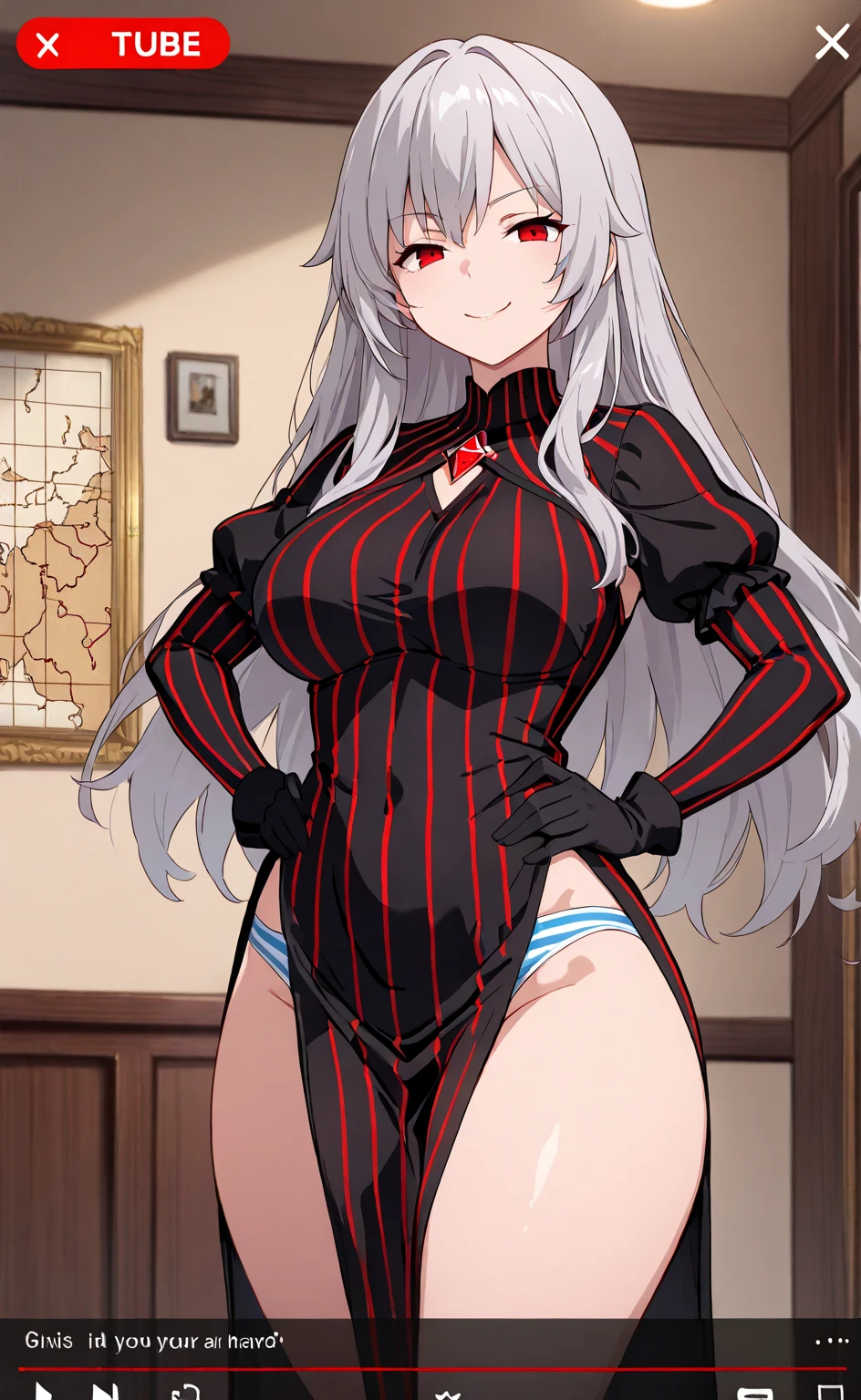 masterpiece, best quality, Freya has a beauty that is superior and outstanding even among the gods. She has long silver hair, purple eyes, and white skin like that of fresh snow. She has a perfect golden ratio, enough to think that the golden ratio originated from her. Her clothes are in large part black and red, they expose most of her stomach and breasts. She also wears two flower-like ornaments in her hair.