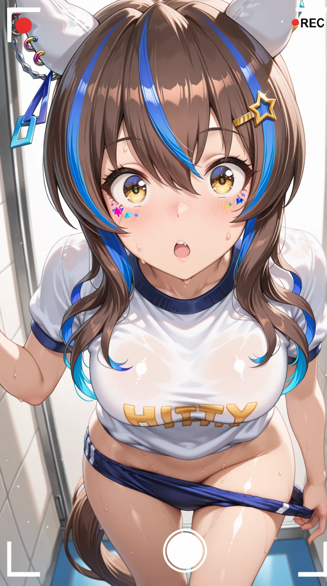 sakaidayukino. Her hair is tied up and placed over her shoulders in front of her chest brown hair, hair ornament, hair scrunchie, brown eyes, bow, bangs, hair bow ,, large breasts, live stage, solo ??????, ?????, Peeing, lactation, projectile lactation, , Sweating profusely, Love juice, Wet Woman, female ,
