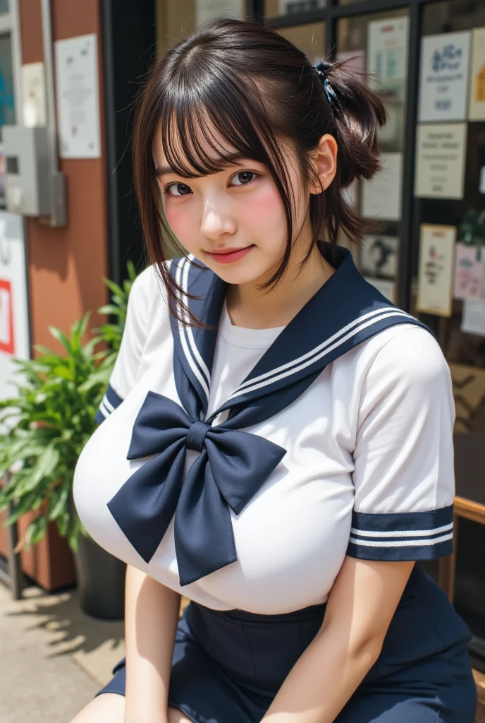 (Canon RF85mmf/1.2,masterpiece,Highest quality,Ultra-high resolution)((美しい太めのムチムチしたギャル女性20-year-oldソロ)) ((Highest quality、8k、masterpiece))((Photogenic quality:1.5))A plump, chubby body、((Plump round face))Highly detailed CG Unity 8k wallpaper, Highest quality, Super detailed, masterpiece, Realistic, photo Realistic, Highly detailed cute girl, 20-year-old, (Skirt flip), ((Her super mini skirt was blown up by the strong wind, exposing her panties)), White panties , Panty Focus, A happy smile showing teeth, Part your lips, View your viewers , Full body portrait , Short sailor suit ,Big breasts show cleavage、 Wearing knee-high socks、Twin tail hair、On an empty city street