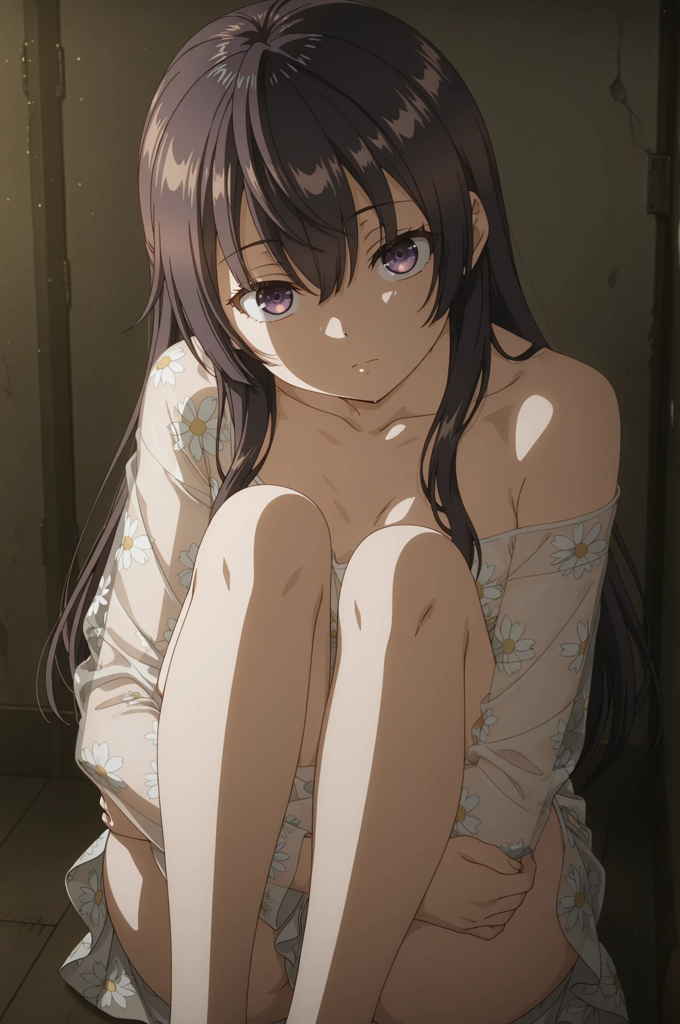 masterpiece, best quality, amazing, finely detailed, beautiful detailed eyes, blush, smile, (s2_style:1.2), hiratsuka shizuka, 1girl, solo, lamp, cleavage, black hair, long hair, twintails, medium breasts, grey eyes, bangs, collarbone, sitting, pillow, futon, east asian architecture, wariza, yukata, bath yukata, shouji, tatami, full body