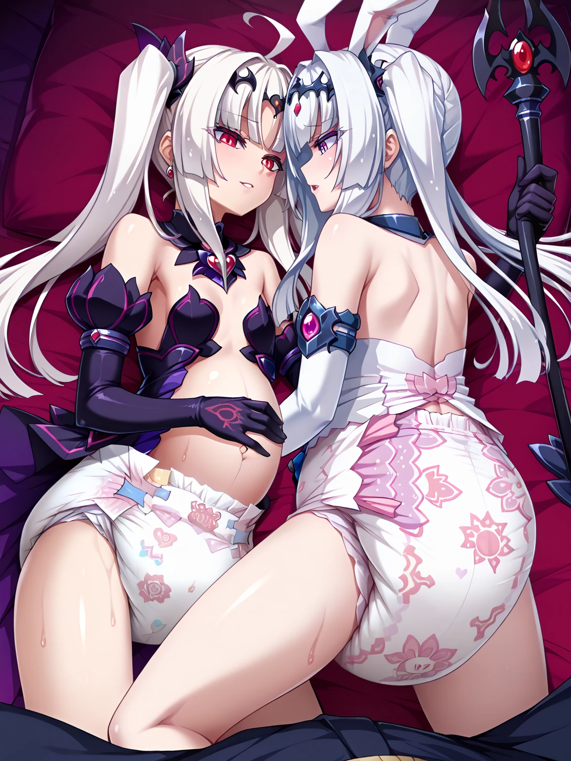 Two busty girls facing the camera, White hair and pink hair, purpleeyes, Black erotic underwear, Photorealsitic, Towels, 浴室, Side seams, Wallpapers, NSFW,Squat down and open your legs