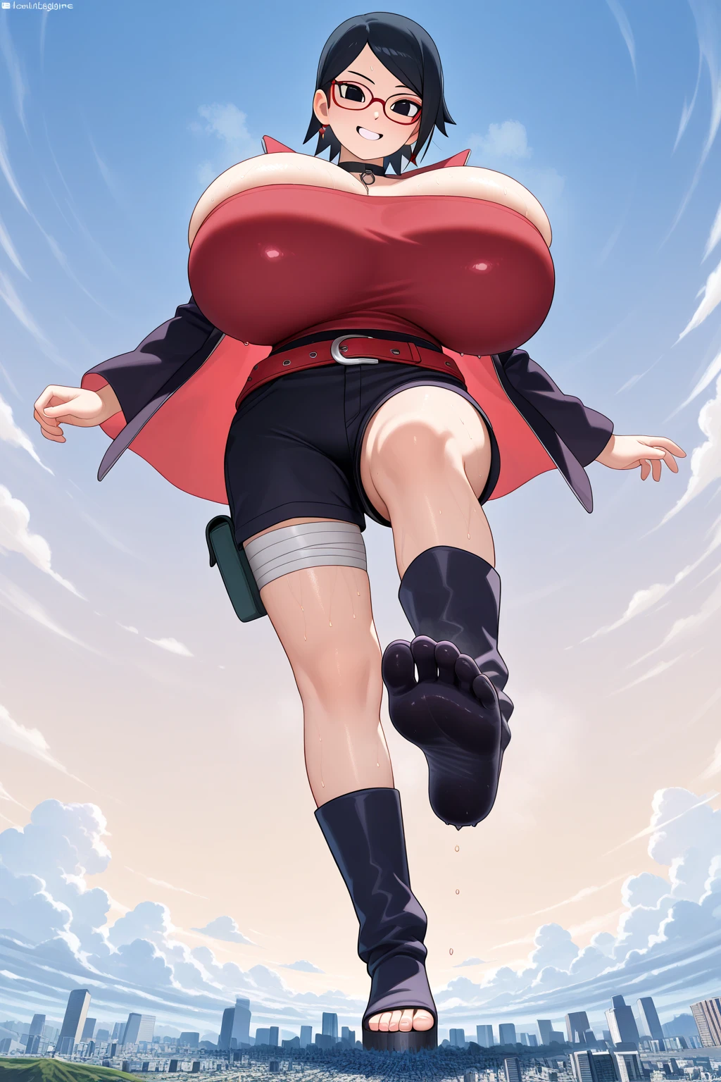 masterpiece, high quality, highres, absurdres, ultra-detailed, detailed eyes, aki1, izayoi aki, solo, mature woman, tall, huge breasts, city, giantess, gts, looming, blush, black panty, topless, bottomless, naked panty