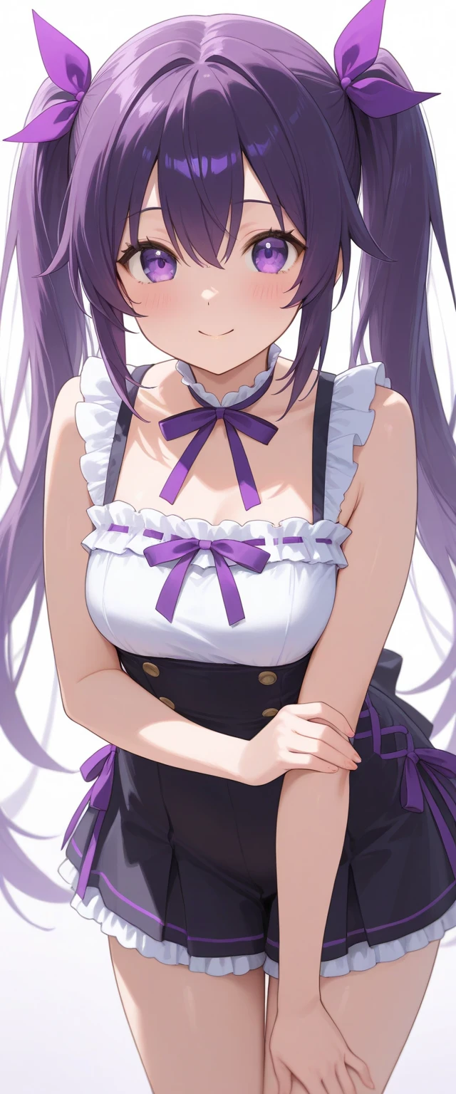 best quality, masterpiece, highres, solo, {tedeza_rize_istheorderarabbit:1.15}, purple_hair, long_hair, twintails, purple_eyes, bangs, hair_ornament, blush, hairclip, hair_between_eyes, closed_mouth, indoors, 1girl, bow, bowtie, looking_at_viewer,bra ,tight panties smile, breasts