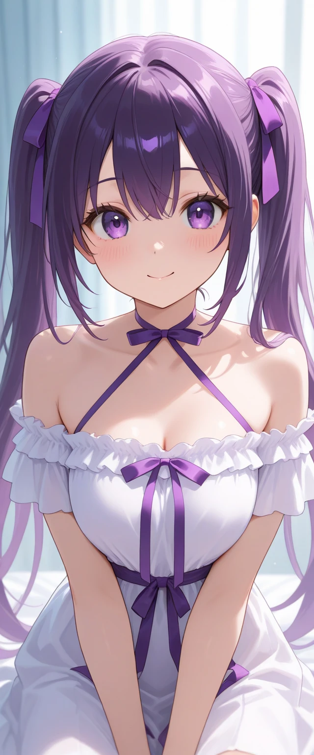 woman、14 years old、Light purple long twin tails、height: 145cm、Bust: 98cm、Waist: 72cm、Hips 88cm、eyes drooping slightly、Sexy pink sheer panties、Red Garter Belt、Red Stockings、She has her tongue out and an ecstatic look on her face, Feel joy.Showing off pussy