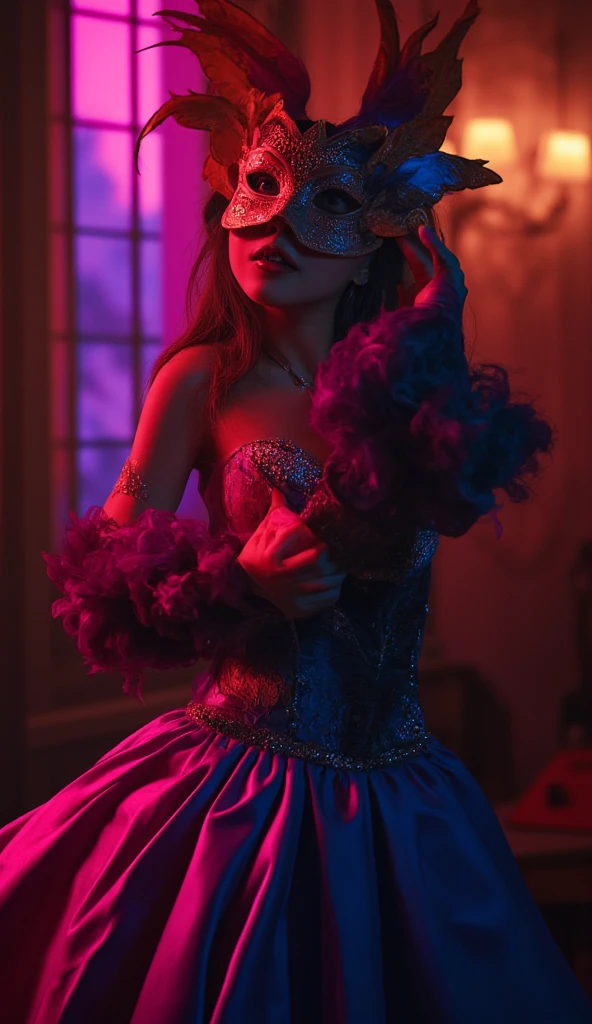 Wearing a long purple and pink dress, corset style, thigh high slit as she dances away wearing a mask Caucasian-Hispanic mix women, with deep wave curls black hair with, light blue dark blue and blonde combined together blue eyes, Instagram model, black makeup long lashes, big lips, red lipstick nose pierced 30k