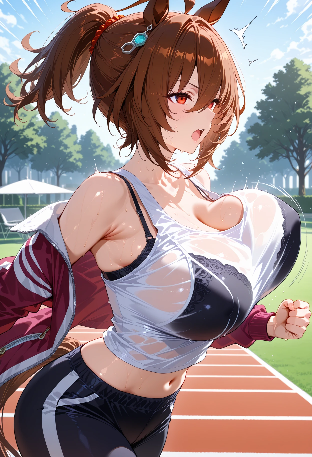 mastute piece,Best Quality,insanely detailed,8k cg,nsfw,
(shoot upper body:1.3),
(1girls:1.3),standing,looking at viewr,body in front,(arms behind back:1.4),(running shirt:1.3,running pants:1.3),(bare breasts:1.2),(bare nipples:1.2),
break,
blush,shy,(ecstasy face),(trembling:1.2),break,(light red hair:1.3),
break,
perfect breasts,perfect teats,(open mouth:0.9),(large breasts:1.2),
(track field),