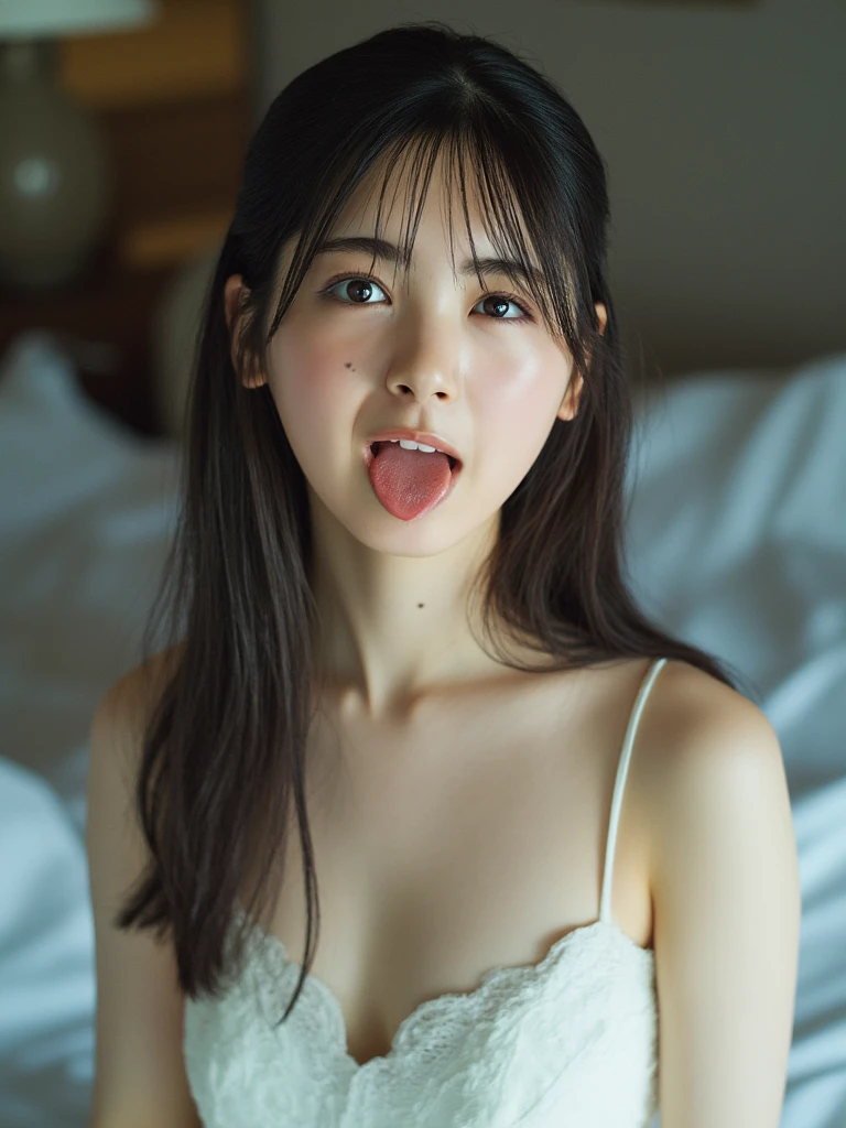 Bathrobes,(open mouth:1.5),(tongue out:2),lying,hand between legs,overhead shot,front view,face focus,(1girl,Beautiful 14 year old girl,teenager),((Slender,Small breasts,Small face,)),(looking at viewer),Black Hair,bangs,one side up,Beautiful and detailed,(Dimly lit room:1.5),White bed,pillow,Mischievous smile
