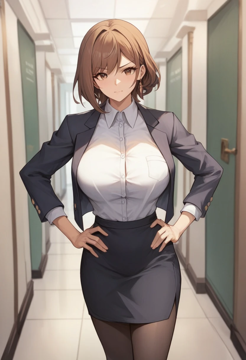 best quality, (masterpiece:1.2), Very detailed, outdoor, garden, City,
1 woman,Mature, alone, Airi Goto, A mole under the eye,
looking at the audience, Big breasts, faint smile, Keep your mouth shut, adult, (permanent:1.2),
brown eyes, brown hair, long hair, necklace, earrings, black jacket, clavicle, pencil skirt, split,black pantyhose