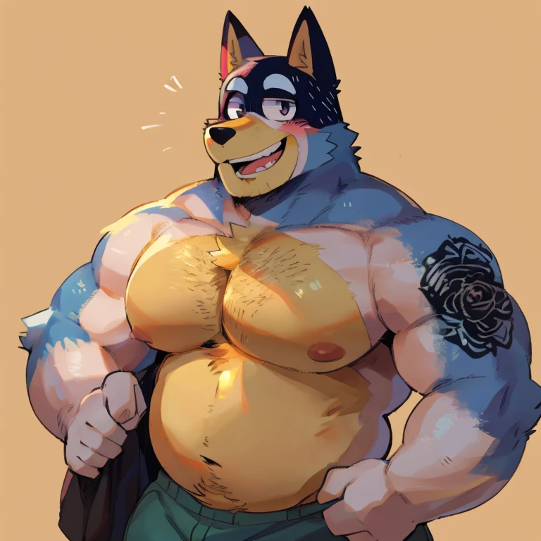 Naked muscled demon with huge pecs wearing a burger king crown showing off a burger