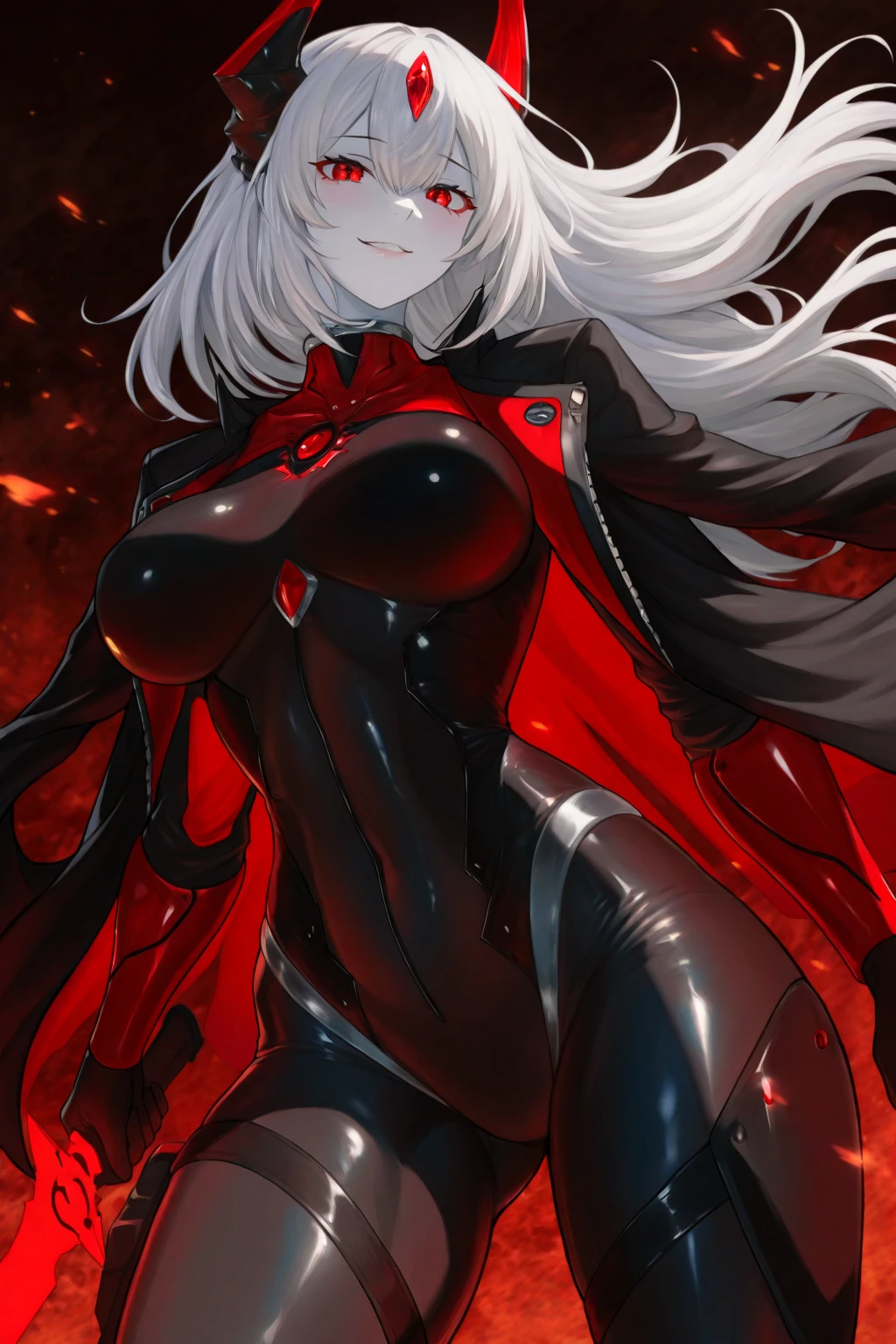 masterpiece, best quality, ultra detailed, 1girl, 16 years old, mature, white hair, very long hair, ahoge, straight hair, blunt bangs, black eyes, cool face, red army jacket, , black inner body suit,