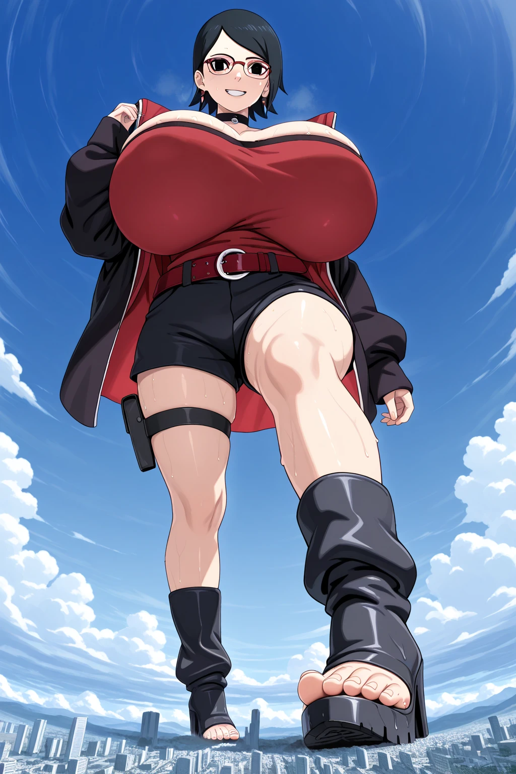 1girl, black_skirt, blue_hair, building, city, cityscape, hair_between_eyes, jacket, looking_at_viewer, medium_hair, multicolored_hair, multiple_boys, night, off_shoulder, outdoors, pleated_skirt, road, shirt, skirt, skyscraper, smile, solo_focus, street, white_shirt, ginormous breasts, overflowing bra, Huge plump breasts, sexy poses, cute hairstyles