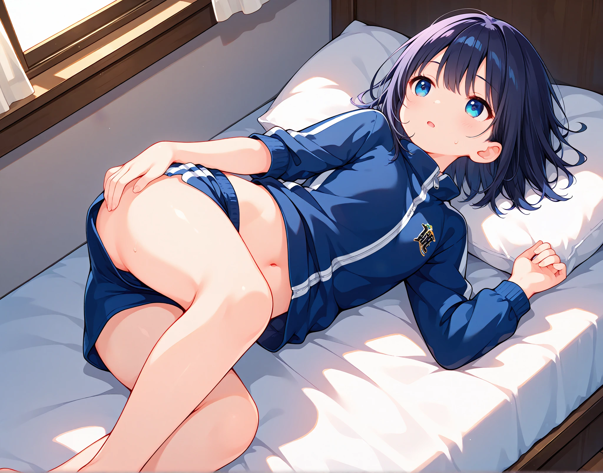 (masterpiece, 最high quality, high quality, super detailed, ultra high resolution, 8k),tall and toned body, long toned legs, alone, 1 girl, JK, high school student, dark blue hair, ponytail, blue eyes, round eyes, super detailed eyes, sexy look, Writhing in pleasure, small breasts, beautiful breasts, cute tits, beautiful curves, nude, naked, indoor, Bedroom, lying on the bed, very sweaty body, wet body, she touches her pussy with her fingers