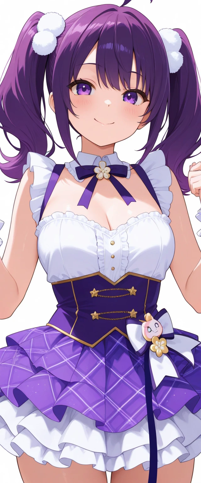 highest quality、Detailed Description.                                       Woman 1,22 years old，Perfect double eyes，Perfect limbs、Accurate ???????、Detailed Description，Super Beauty，Slender beauty、short hair、Blonde，Golden eyebrows、Purple Eyes，Pink Cheeks,Beautiful Skin，White and dark purple idol costume、Dark purple panties、Black knee-high socks、Beautiful big breasts、Exposed thighs，sing、Dancing、try as hard as one can，fine，Vibrant，((Big smile:1.2))，((Sweat:1.2)).                                                         Live Stage，The pink spotlight shines on her.