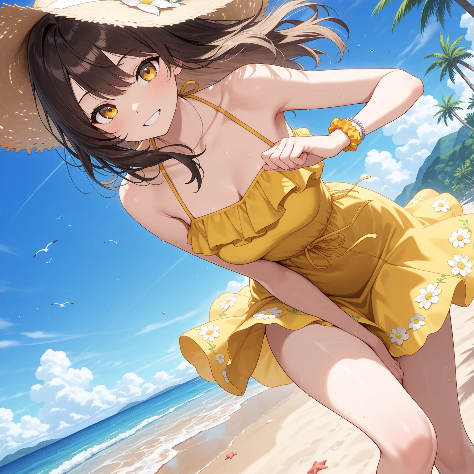 (top-quality)、(masterpiece)、(ultra-detailliert)、Beautiful girl alone、15yo student、cute little、(Orange skirt-style leotard swimsuit:1.2)、Yellow Lace、shinny skin、(A facial expression that asks for this reaction)、blush、(yellow eyes)、Clearing the eyes、drooing eyes、(A dark-haired:1.5)、(Longhaire:1.4)、((low twintails))、Yellow hair tie、a straw fedora hat、medium breasts、the beach、natural soft light、(Standing:1.2)、Slender feet、flipflops、Scrunchie Bracelet、petals dancing in the wind、