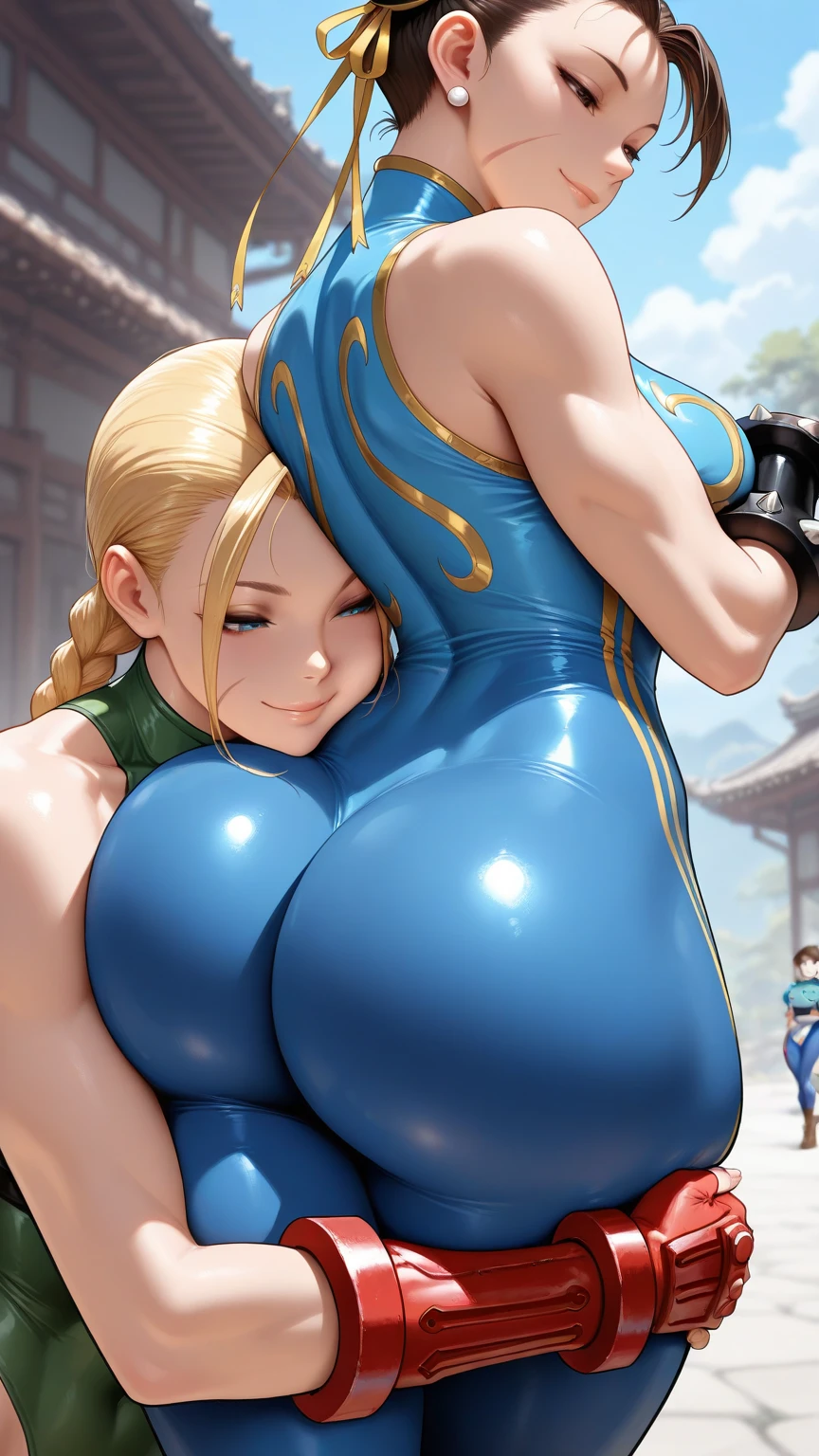 masterpiece,best quality,extreme detail,8k,cammyfn, 1girl, solo, Cammy, long hair, breasts, blue eyes,brown blonde hair, large breasts, gloves, red hat, braid, ahoge, twin braids, leotard, lips, makeup, beret, scar, antenna hair, nose, harness, huge ahoge, green leotard,sleeveless, sweaty,sweat, exhausted,sleeveless,cross eye, full body , 1girl, (solo:1.2), (jumping:1.3), (mid air:1.3), (cowboy shot:1.5), smile, happy, (masterpiece:1.3), (best quality:1.3), (perfect anatomy:1.4), highly detailed, chun li, brown eyes, short hair, double bun, bun cover, blue dress, pelvic curtain, spiked bracelet, sash, brown pantyhose, (post fight scenery:1.3), rubble, outside, daylight, nyantcha, expressive faces, anime-inspired, (cell shading:1.2), lips, merging