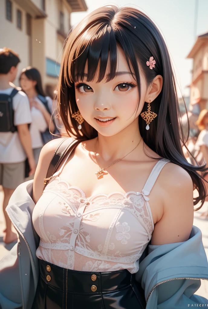 (8k, RAW Photos, Highest quality, masterpiece:1.2), (Realistic, photo-Realistic:1.4), (extremely detailed 8k wallpaper), ((Full Body Shot)), (((1 girl))), Sharp focus, Cinema Lighting, Soft Light, (Delicate and beautiful eyes, Very beautiful 17 year old gal, innocent big 目s, Realistic, photo Realistic, Highly detailed cute girl, (Thin thighs), (Model body type), Slightly larger breasts、(Brown Hair), (ponytail), (Asymmetrical bangs), ((smile)), Glowing Skin, ultra high density skin ,Detailed hairstyle, Facial beauty with attention to detail, Perfect female body,One piece dress、The audience is watching, (Crowded street:1.3)、Side Shot、Buckshot、Muscular buttocks、Walking、