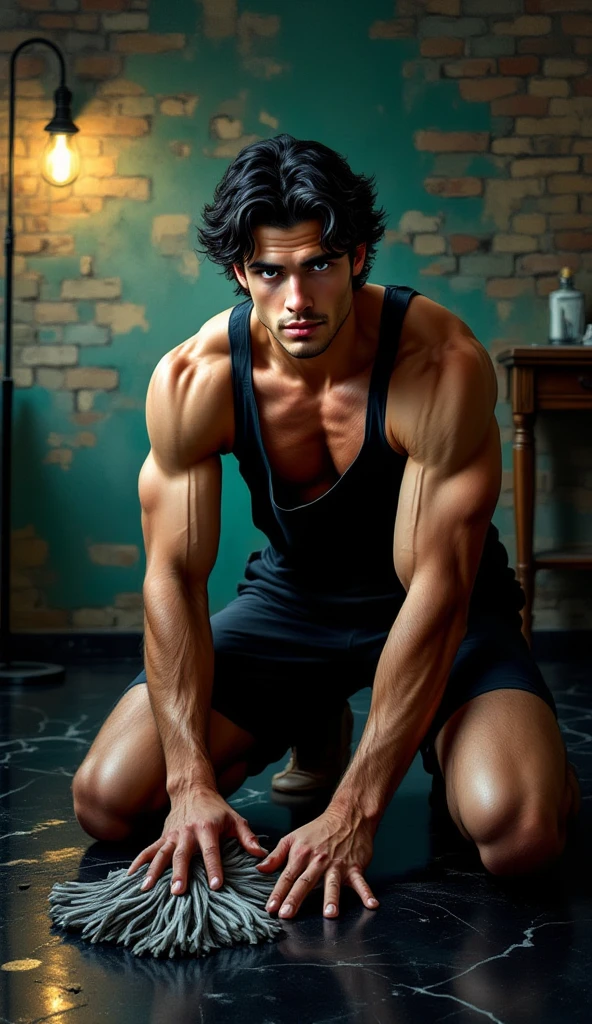 a lean skinny shirtless 18-year old caucasian boy wearing jeans, crewcut black hair, cute face, brown eyes, tanned skin, afraid, drenched with sweat, sweating profusely, arms raised up, hands tied up in chains in the ceiling, in the basement