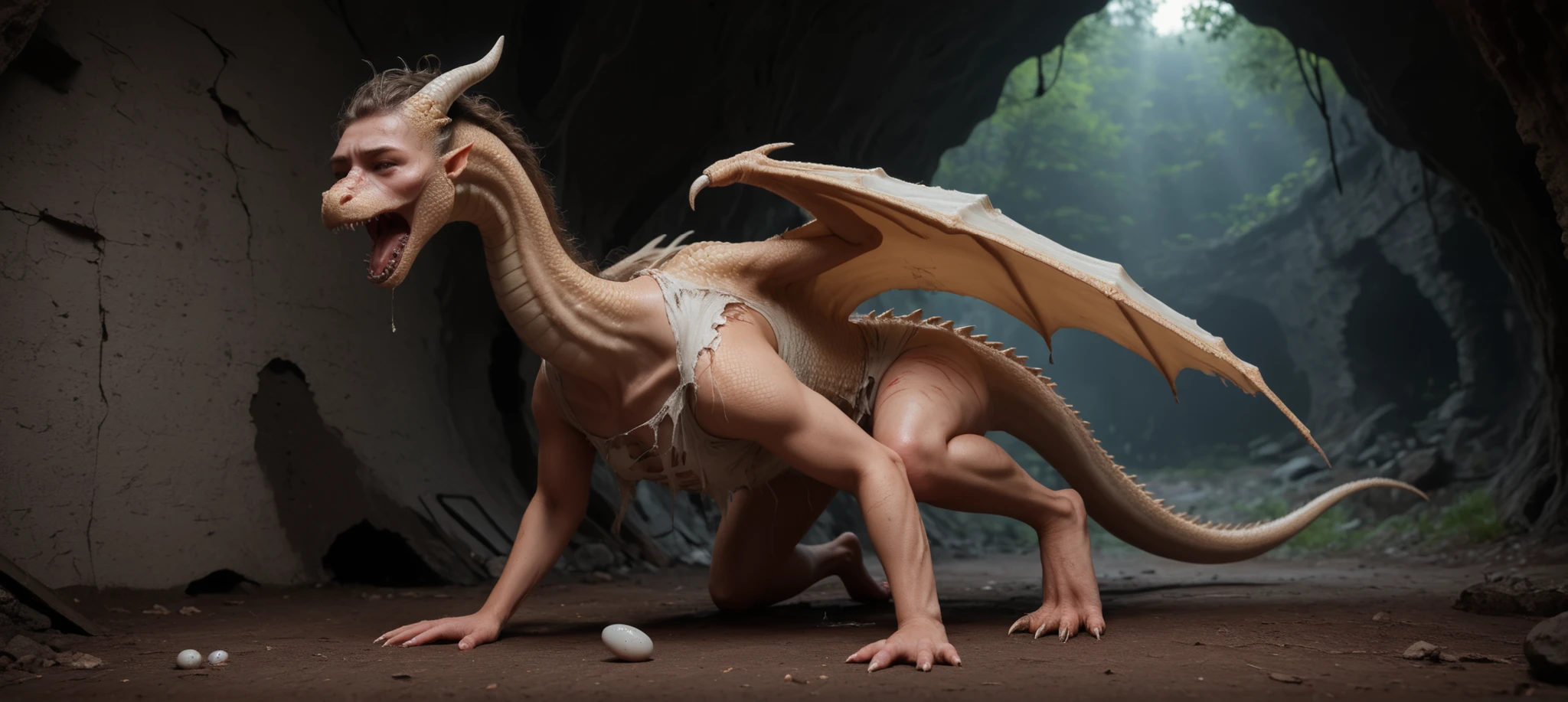 view from ground, low angle, head to ground, sitting on floor, cough:1.2, lean on wall, against a wall, long body, long neck, [human head: snout:0.9],  hair:1.2, face, own legs, wings, transformation, TF, human morfing into dragon:1.3, feral dragon, tail, claws, paws, big animal toes, [scales: human skin:0.9], human skin:1.2, gradual scales, ultra realistic ocean scales, shining, spotlight, tattered clothes, torn socs, torn coat, underwear, torn pants, scraps around, in pain:1.1, feared, screaming, hard breathing, shaking, wound, eggs from pussy:1.3, dripping pussy, egg, sperm, scars, scratched, nsfw, forest, night, lonely trail,  abandoned cave, cave, night, darkness,  Realistic, 4k, 8k, RAW, HDR, UHD, high resolution, hd, full colour, 4k, high definition, sharp focus, smooth, Professional, cinematic, extreme detail, description, masterpiece, best quality