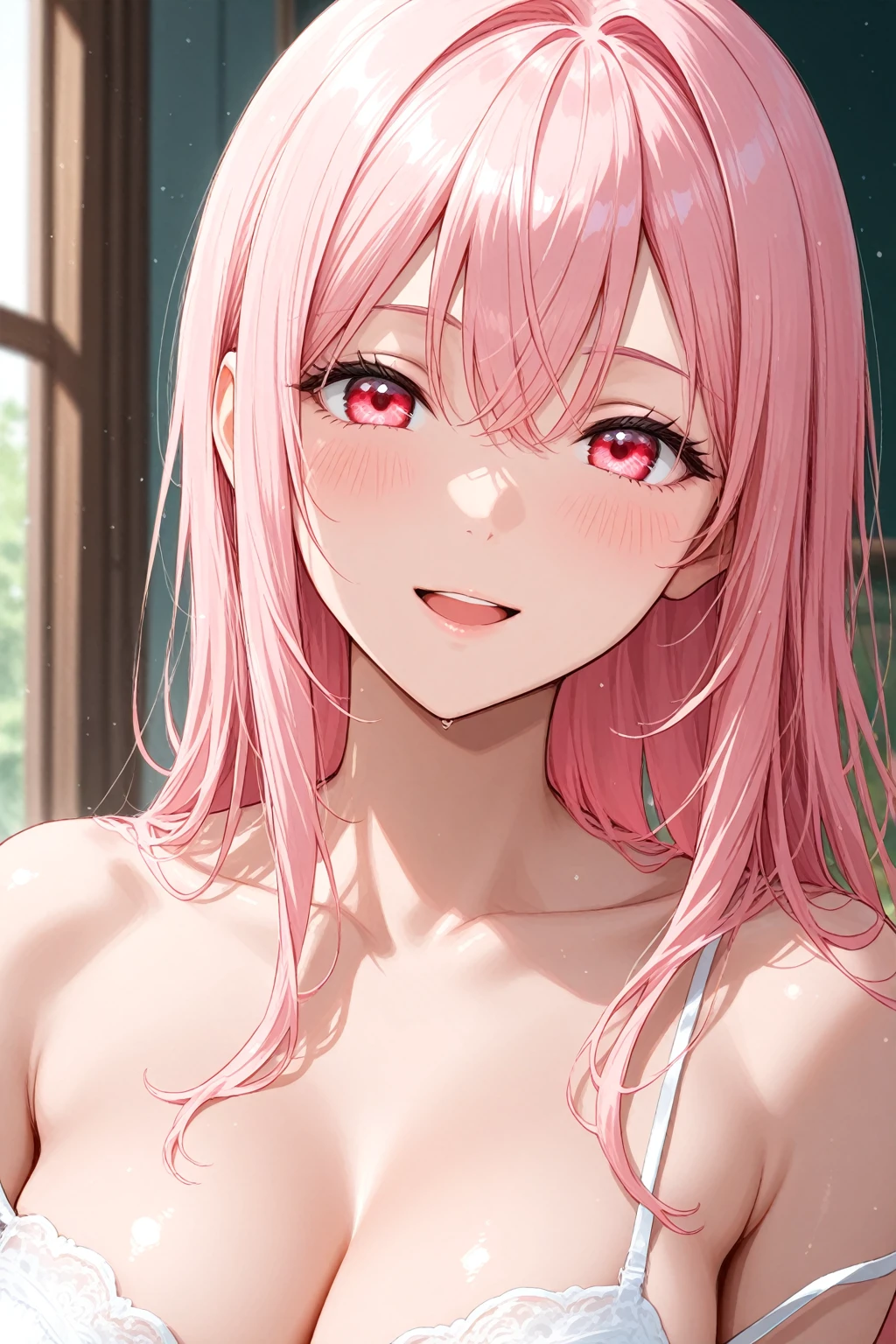 A pink haired woman is kissing a white haired man with ruby eyes in the bedroom