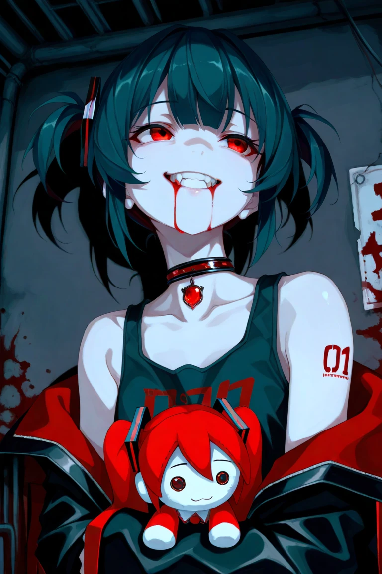 original character , 1girl, (crazy smile:1.2) ,  red hair , bangs , crazy eyes , hands on face , blood splatter on face , red and black color scheme, open mouth, (wide-eyed:1.2), glowing eyes