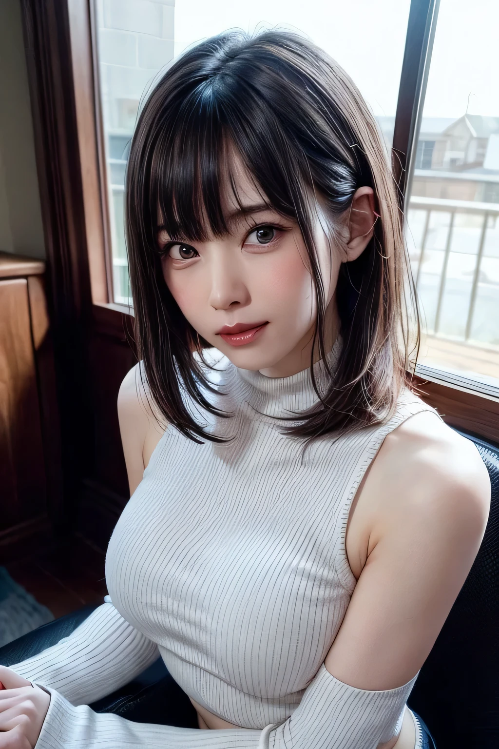 (masutepiece, top-quality、high-detail:1.4、Very attractive beauty、Add intense highlights to the eyes、Look firmly at the camera:1.4、A beautiful woman full of charm、Ideal ratio body proportions、Perfect Anatomy、Brunette Short Bob Hair、Lustrous hair、bangss:1.4、光沢のあるbangss:1.4、lipgloss),1girl in, report, Light brown shiny hair, muffler,realisitic, looking at the viewers、Tilt your head slightly, Bright colored crystal light blue eyes, short shiny hair、 White turtleneck outfit with a hole in the center of the chest,Sexy white turtleneck knit sweater with a round hole in the middle of the chest、 s lips, lipgloss, The upper part of the body、big eye、Lashes、A little red in the face、Embarrassing)、((italian road in winter))、((short hair with big eyes、Put very strong highlights in your students、{Gigantic|Big|Huge|Mega} breasts:1.6、very Bigger breasts、gazing at viewer、Very beautiful beauty、Put your ears out、long neck、smil、smil、Happy、Beautiful teeth、口を開いてsmil、Heart-shaped pupil))、28 year old、Very cute supermodel、