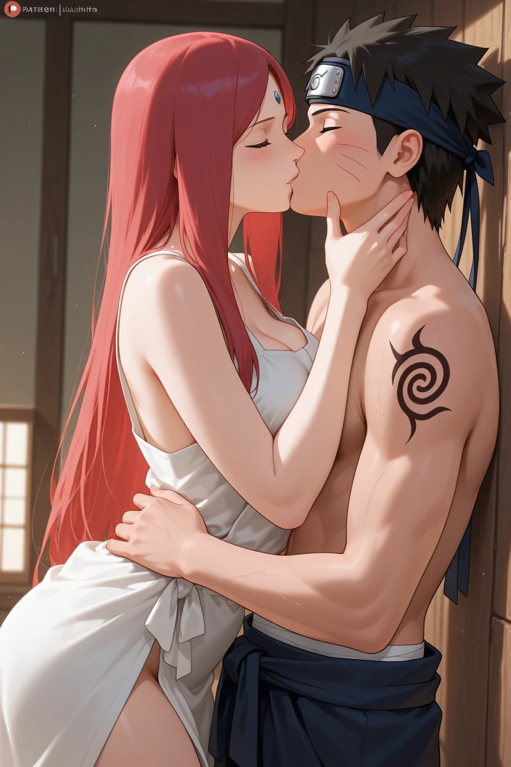 masterpiece, Best Quality, Matsumoto Rankiku, tall woman, long orange hair, black kimono, waist, neckline, wad of bills, big breasts, close up, Upper part of the body, shiny skin, hugging a boy, listening to heartbeat, size difference, looking with love