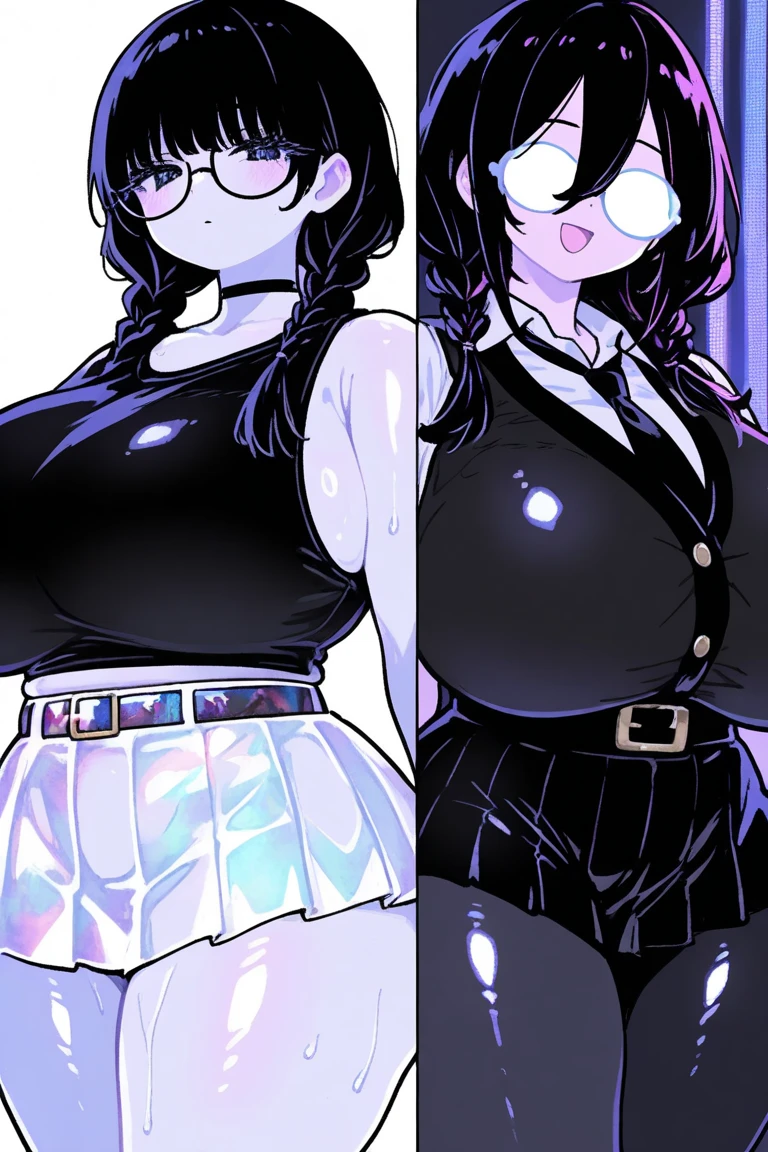 A girl with blue shortish medium floofy hair to the sides parted, wearing a multicolored sweater wjth a dress shirt underneath and black pants smiling (hour glass body shape) (skinny) character sheet